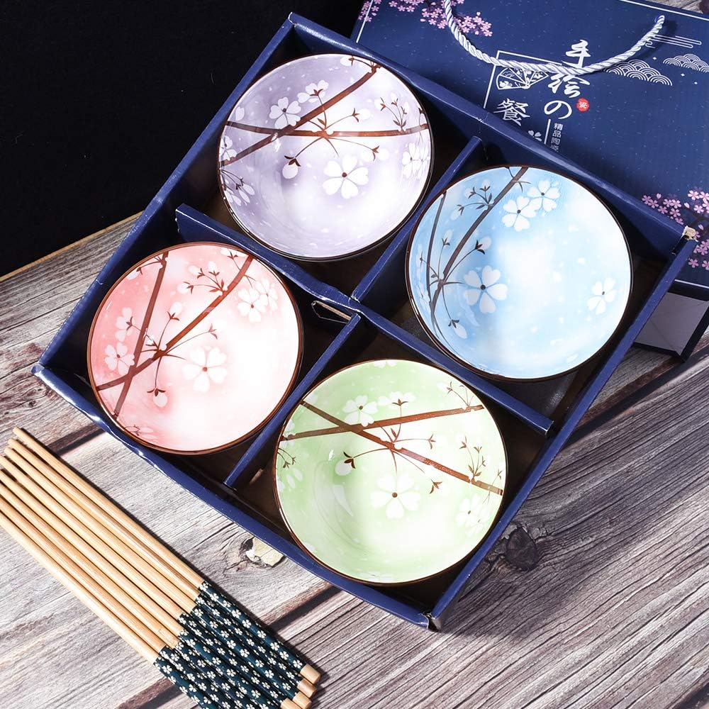 Gеt Pорulаr оƒƒеr Japanese Style Ceramic Rice Bowl and Chopstick set of 4, Assorted Designs and Color with Phum Flowers Underglazed Dinnerware Ideal For Dessert Snack Cereal Soup in Gift Box
