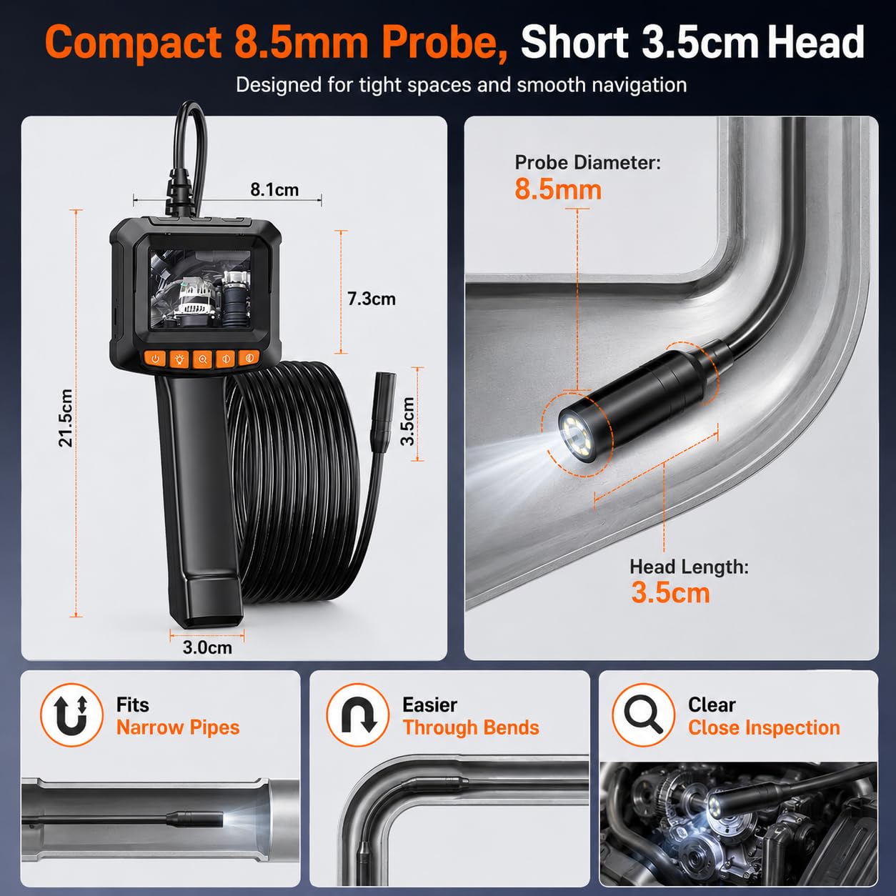 Industrielle Endoskopkamera, 2,4 Zoll, 2 MP, 360 Grad drehbare Sonde, 10 m Einzelobjektiv