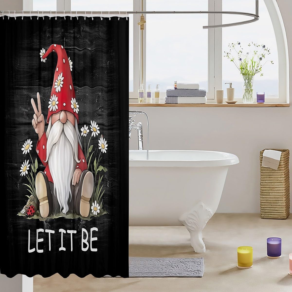 Cartoon Gnome Kids Shower Curtains,Daisy Ladybug Cute Bathroom Curtains for Girls Boys Adults,Wooden Plank Rustic Farmhouse Colorful Vinatge Waterproof Curtains,12 Hooks Suits,72" W x 78" L