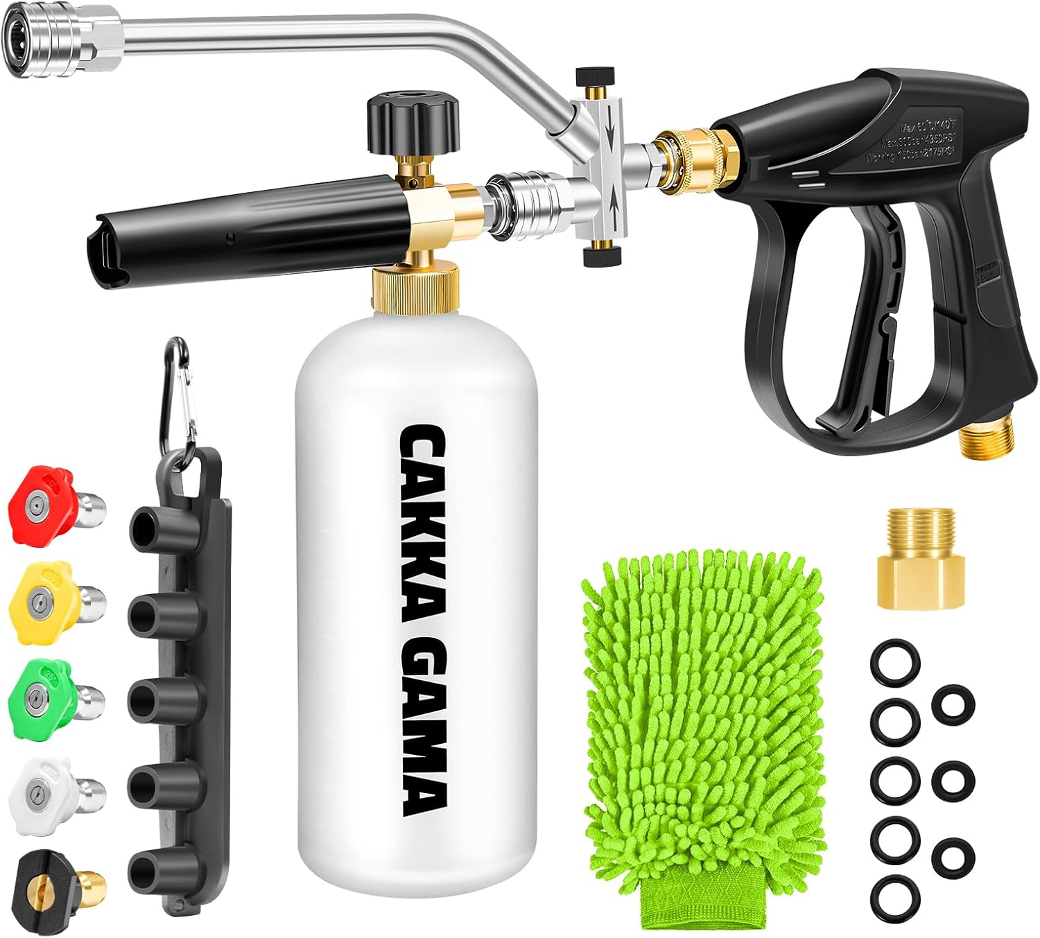 Foam Cannon Dual Connector for Pressure Washer, Car Wash Foam Gun Kit 1/4 Inch Quick Connector, Adjustable Soap Cannon with 5 Pressure Washer Nozzle Tips, Adapter, 1 Liter, A Fluorescent Green Glove