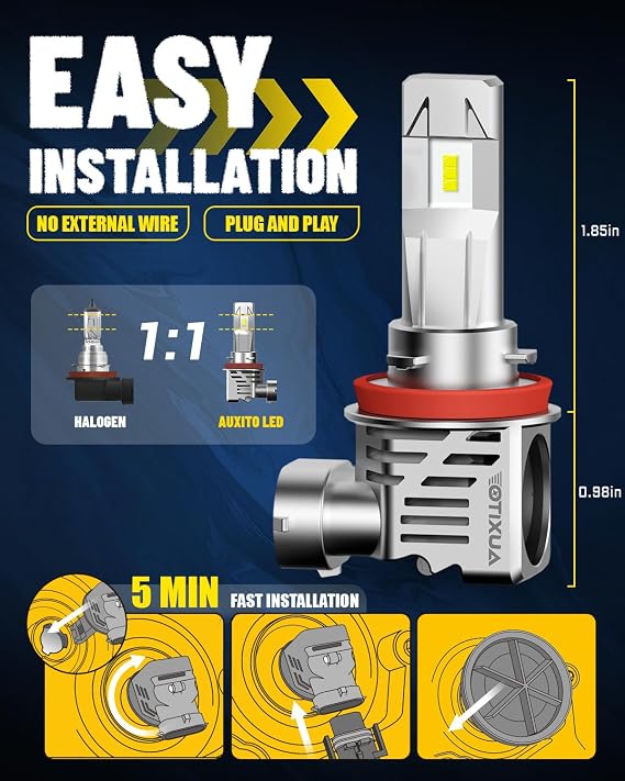 مصابيح Led Auxito H11، 30000 لومن لكل مجموعة، زينون أبيض 6500 كلفن، مصابيح Led لاسلكية صغيرة الحجم، عبوة من قطعتين