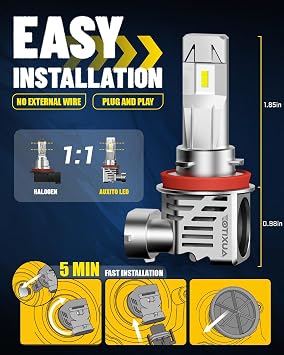 مصابيح Led Auxito H11، 30000 لومن لكل مجموعة، زينون أبيض 6500 كلفن، مصابيح Led لاسلكية صغيرة الحجم، عبوة من قطعتين