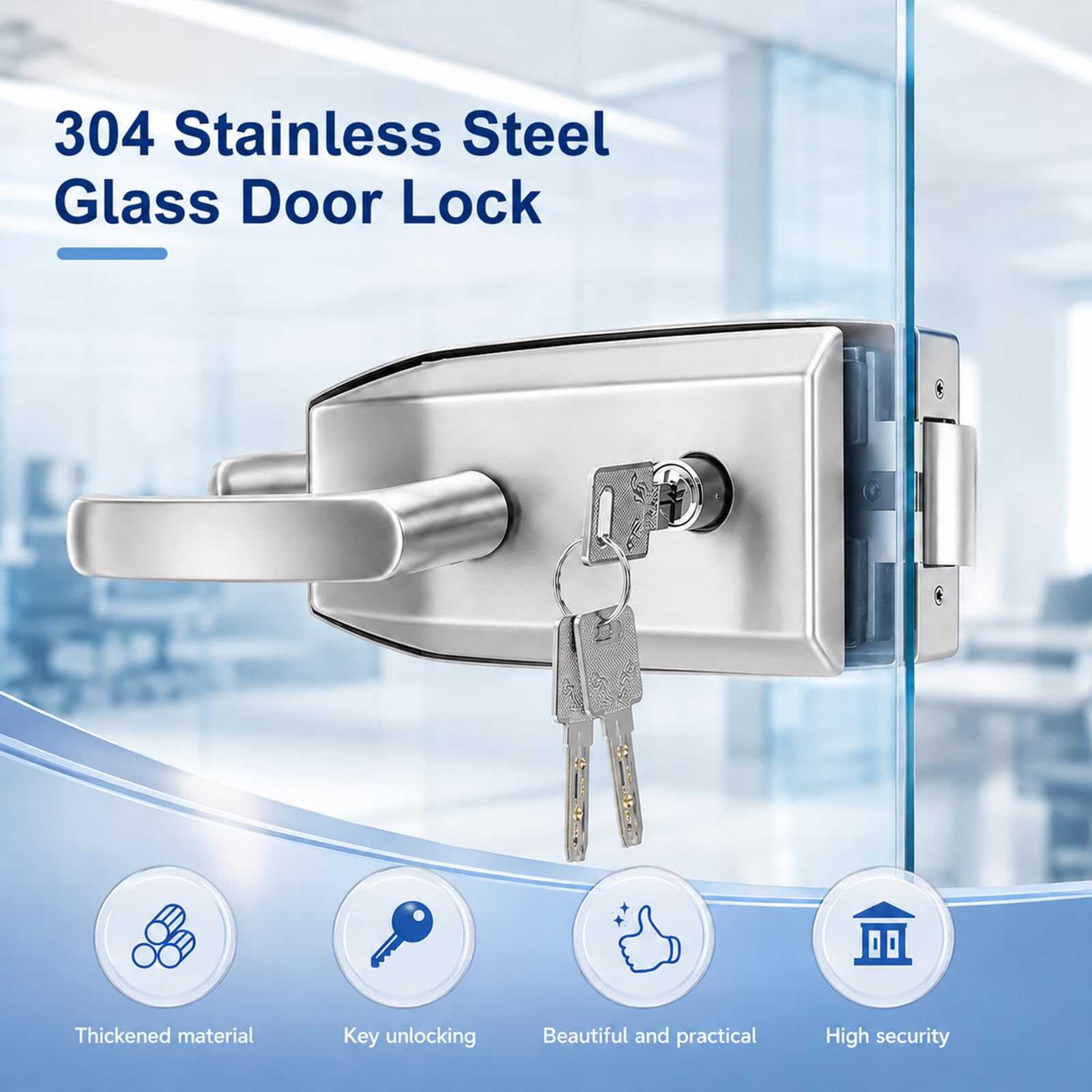 Glastürschloss Edelstahl, Türschloss Innentür mit 3 Schlüsseln & Schiebegriff, Edelstahl Glastürbeschlag für 8-12mm Glas, 5-8mm Türspalt, Türbeschlag für Büro Badezimmer Balkon
