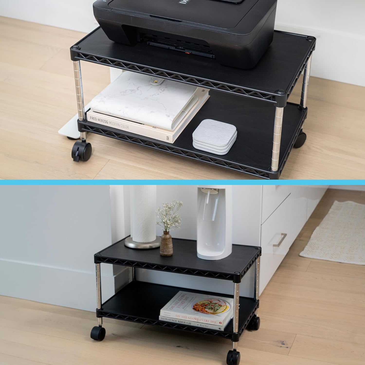 ZBRANDS Under Desk Printer Stand with Storage 24" X 14", Printer Cart, Small Printer Stand with Wheels, Small Printer Table for Home Office, Heavy Duty Low Rolling Cart, (Regular, Black)
