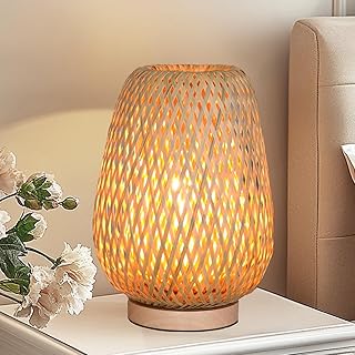 Rattan Table Lamp, Boho Bamboo Woven Small Beside Lamp, Vintage Wicker W...