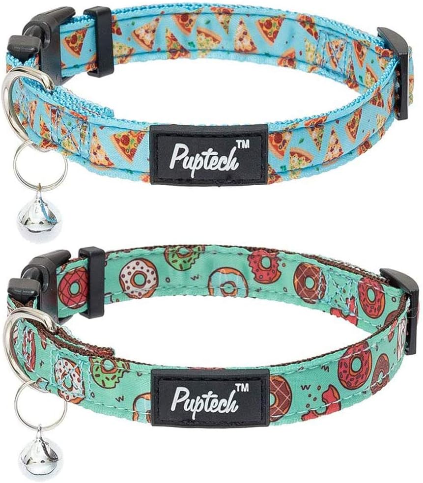 Cute Dog Collar for Small Dogs - Puppy Collars with Bells for Boys & Girls, Soft Adjustable Doggy Collar with Donut & Pizza Pattern, 2 Packs