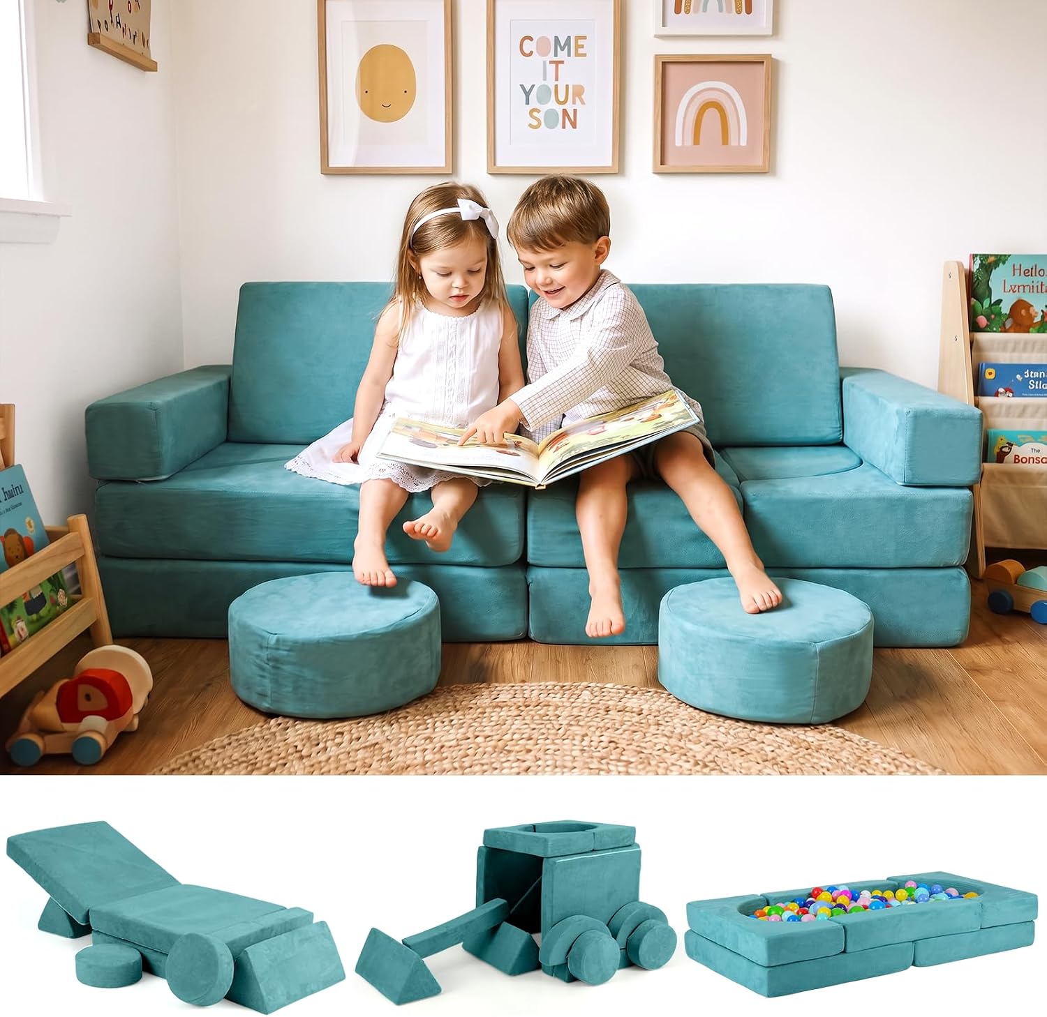 INFANS Modular Kids Play Couch, 13 PCS Toddler Creative Sectional Fort Building Sofa for Bedroom, Playroom, Children Convertible Versatile Soft Foam Furniture Playset Crawling Floor Cushion