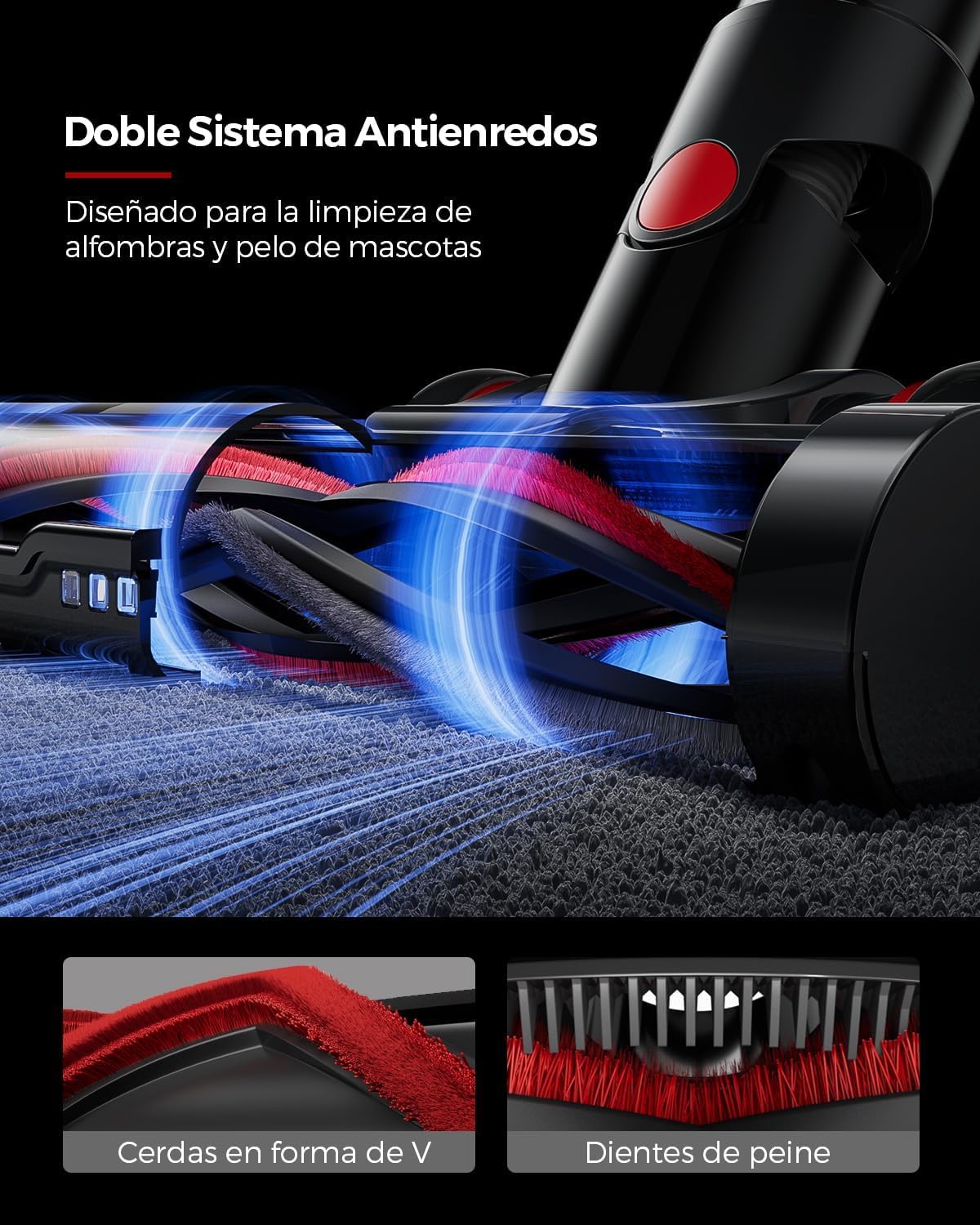 VACTechPro 55KPa/600W/70Min Escoba Aspiradora sin Cable, Aspirador Vertical | 1.6L Escoba Aspirador sin Cable con Filtración de 8 Capas, Súper Silencioso Aspirador Vertical con Cepillo Antienredos, Rojo