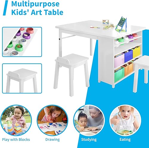 Miniatura 6 de Mjkone Mesa de arte para niños y 2 sillas juegos de mesa de dibujo y pintura para niños mesa de manualidades con estantes de almacenamiento de