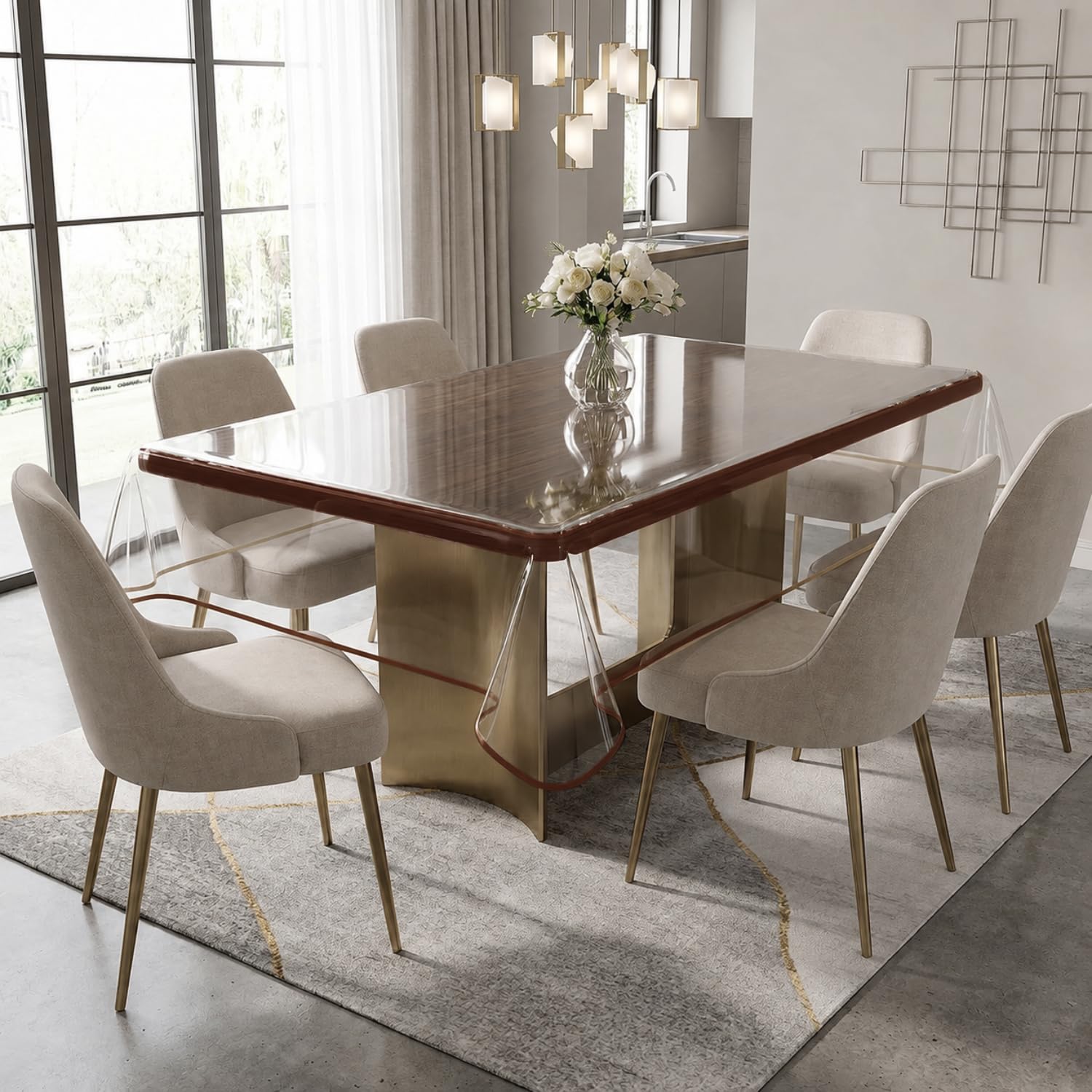 0.20mm Premium Transparent Dining Table Cover 60x90 Inch | 6 Seater Rectangular Table Protector Sheet | Waterproof, Oilproof & Dustproof PVC Table Cover | Coffee Stitched Border | Clear Table Cloth |-image-7