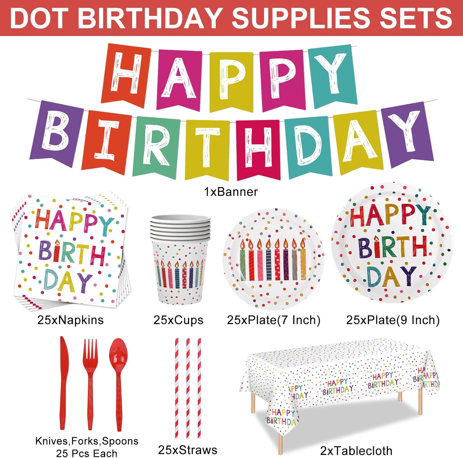 203 Pcs Happy Birthday Decorations: Party Supplies Set with Dots Design- Includes Disposable Paper Birthday Plates and Napkins, Cups, Tablecloth, and Banner for Boys/Girls, Serves 25 - Image 4