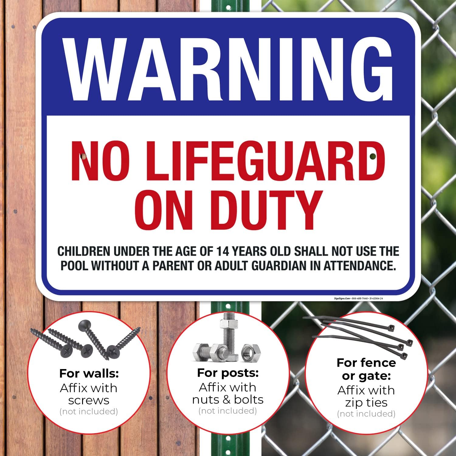 Pool Sign, Warning No Lifeguard On Duty Sign, 18x24 Inches, Rust Free .063 Aluminum, Fade Resistant, Easy Mounting, Indoor/Outdoor Use, Made in USA