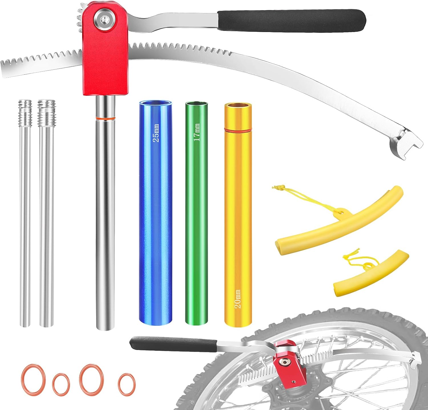 Dirt Bike Tire Changing Tool Kit, Suitable for 16-21 Inch Wheels, Including 10/12/15mm Axle Adapters, Quick Tire Change in The Wild, and Foldable Design for Easy Portability (Red)