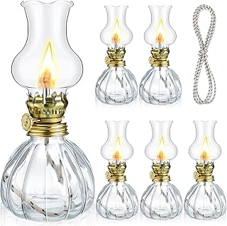 Yexiya 6 Set Vintage Glass Kerosene Lamp Rustic Oil Lamp Lantern Chamber Oil Clear Kerosene Hurricane with 6.6 ft Extra Wick for Indoor Use Lighting Decor Emergency (Pumpkin Style)