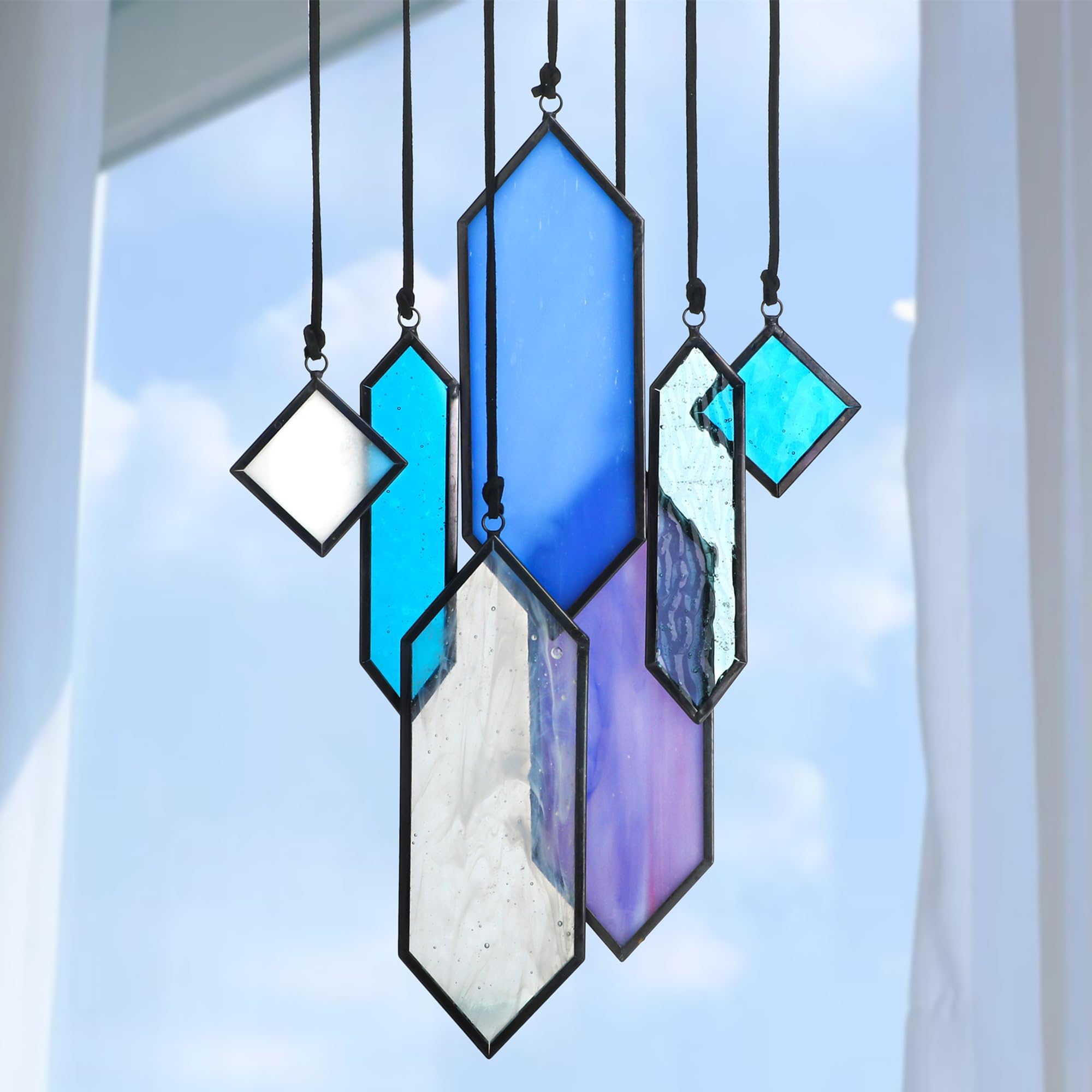 HDCRYSTALGIFTS 7 Pieces Stained Glass Element Earth Tones Window Hanging Suncatchers Handcrafted Wall Art Modern Design Window Panels Decor,Blue Set