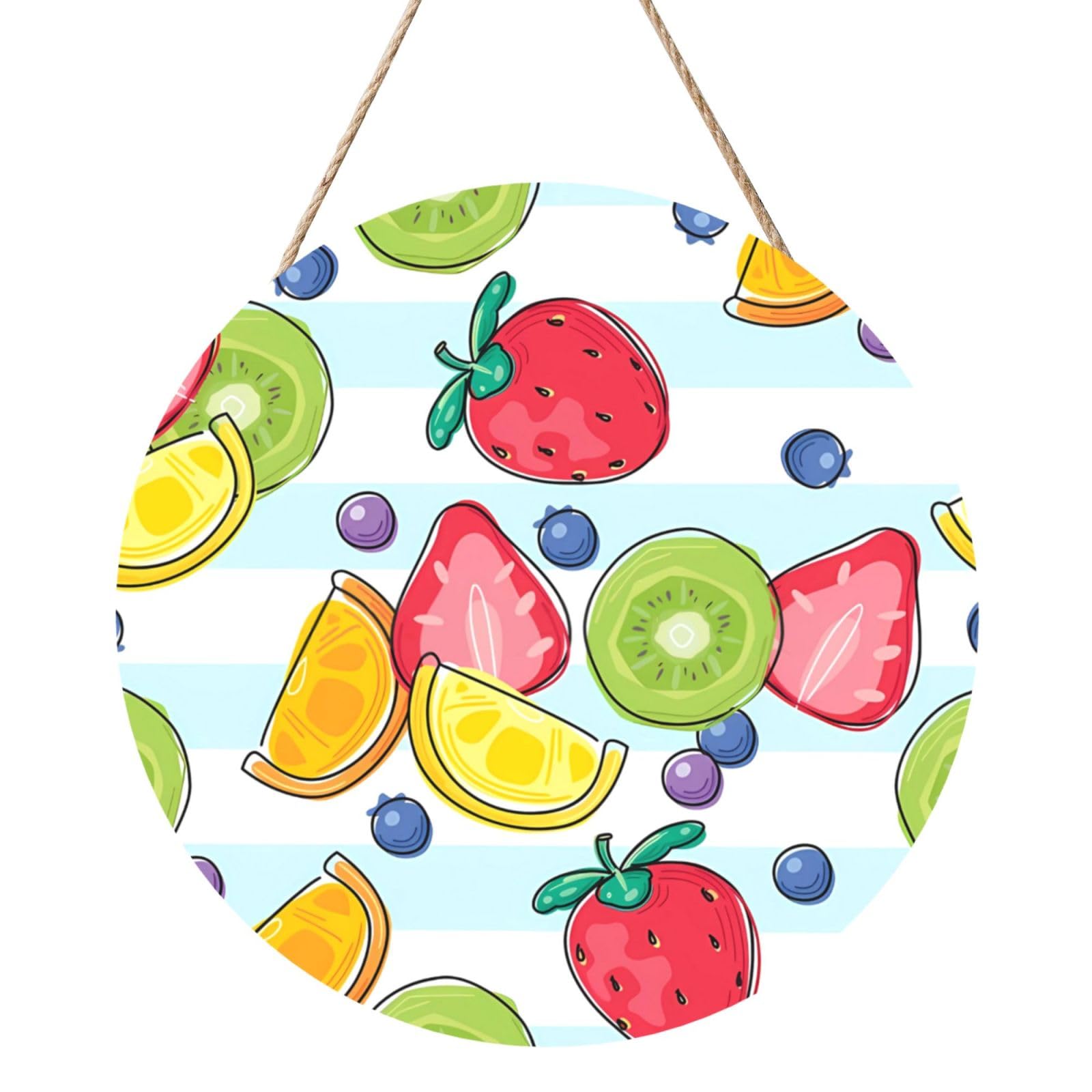 InOmak Fresh Strawberry Orange Lemon Fruits, Round Wood Panel Painting 12 in, Wall Hanging Painting For Home