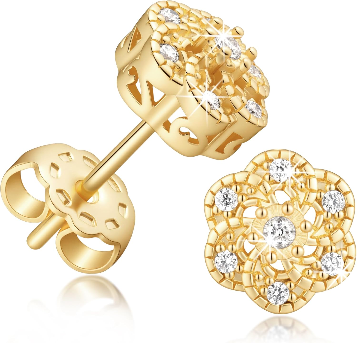 14K Gold Earrings for Women Gold Studs Earrings for Women Cubic Zirconia Stud Earring for Womens Stud Sweet and Gentle Flower Design Studs Earring for Womens 8/10mm
