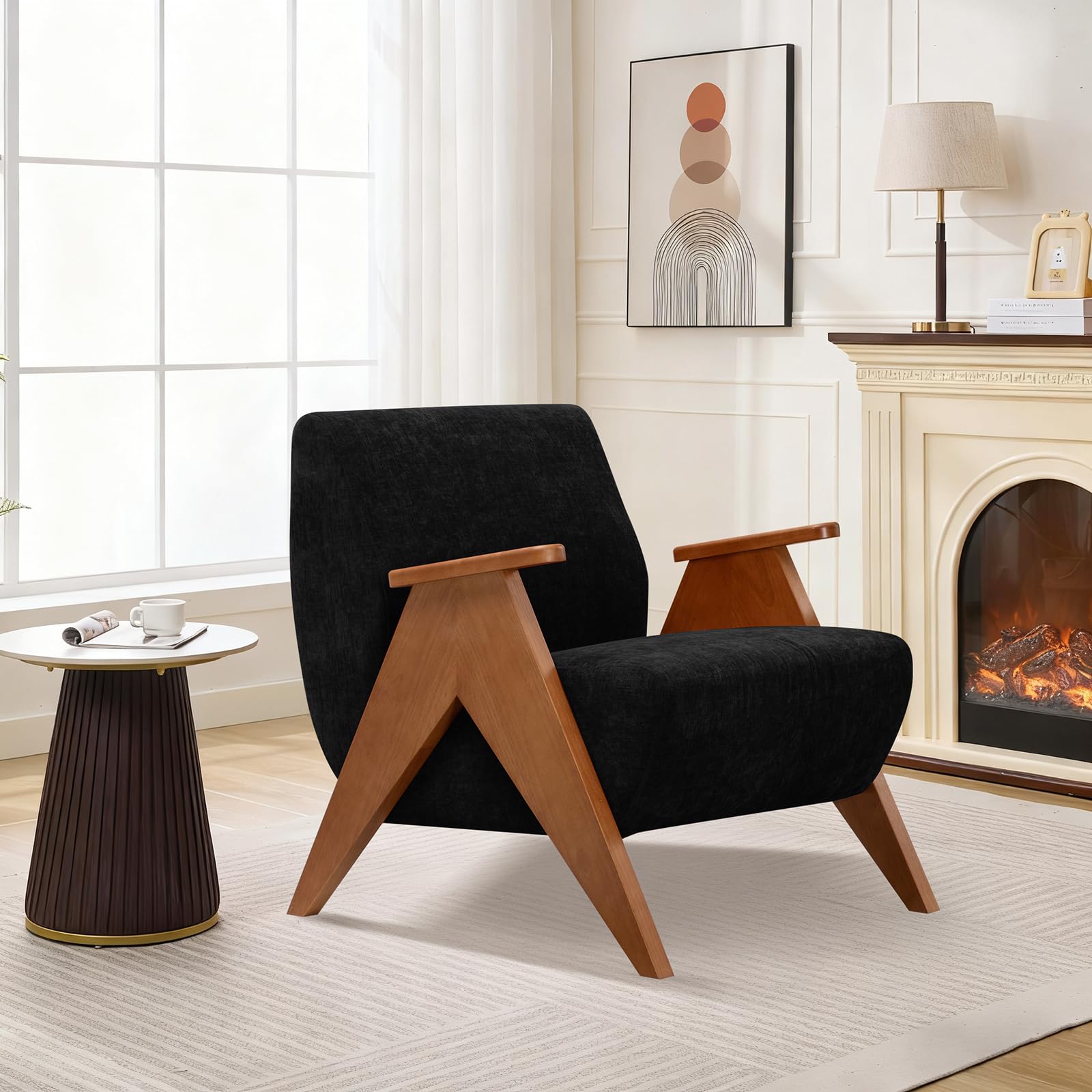 TQHOQ Armchair for Living Room, Comfy Chenille Louge Chair, Upholstered Accent Chair With Wooden Handrails (Black, 1 PCS)