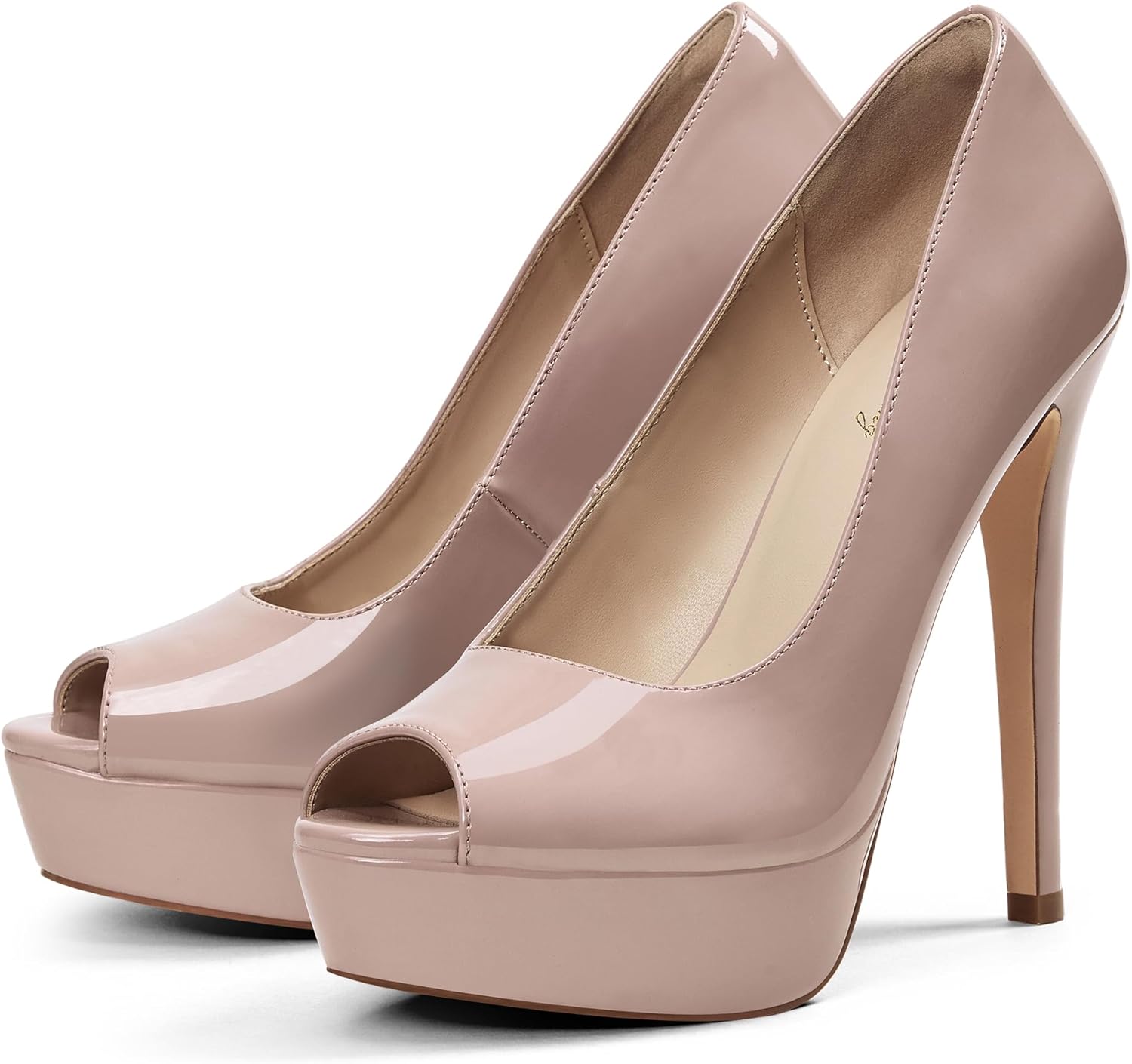 Elisabet Tang Women's 5.5 inch Stilettos Peep Toe Platform High Heels Pumps Round Toe Shoes Slip On for Dress Wedding Party Prom Nude Patent 8.5 - Image 4