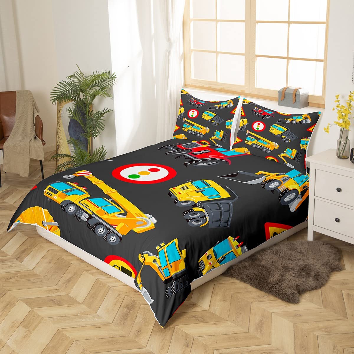 Excavator Duvet Cover Set Construction Vehicles Comforter Cover Toy Trucks Pattern Bedding Set Digger Machine Bedspread Cover for Kids Boys Girls Single Size With 1 Pillow Case - Image 3