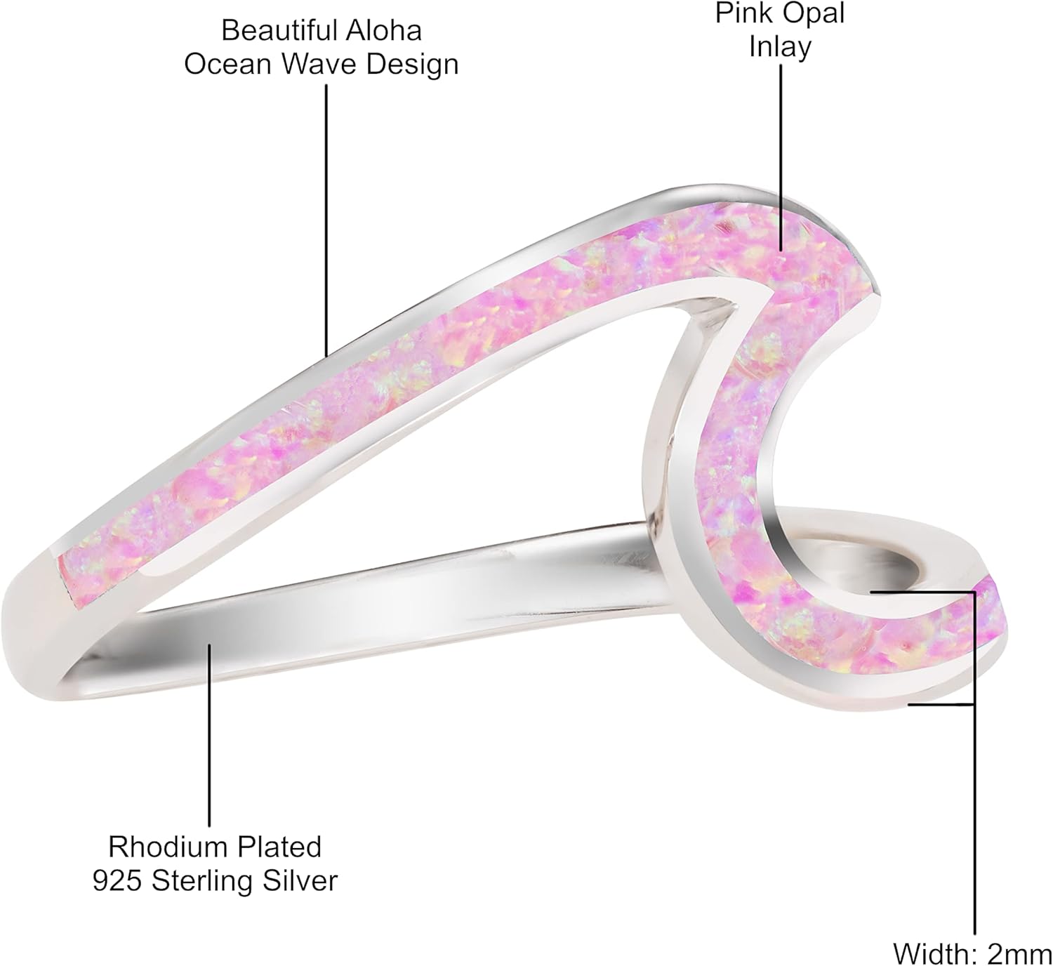 Aloha Jewelry Company 925 Sterling Silver Created Opal Ocean Beach Wave Ring for Women Wedding Band Hawaii, Nickle Free and Hypoallergenic For Sensitive Skin, With Gift Box (Pink Opal, 9)