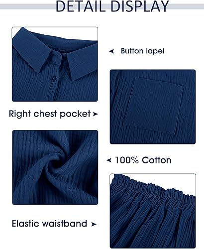 Miniatura 4 de PEHMEA Conjunto casual de 2 piezas de algodón y lino con botones, camisa de papel, pantalones cortos, conjunto de chándal de verano