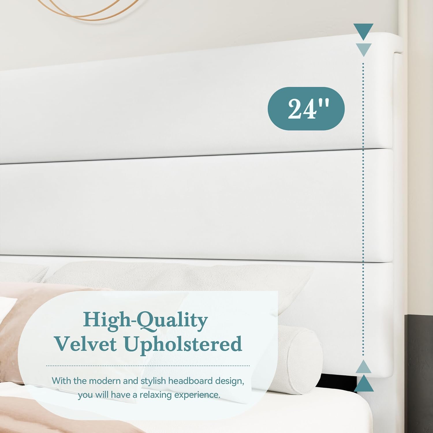 HOOMIC King Size Bed Frame with Headboard, Velvet Upholstered Platform Bed with Strong Wood Slats Support, Mattress Foundation, No Box Spring Needed, White