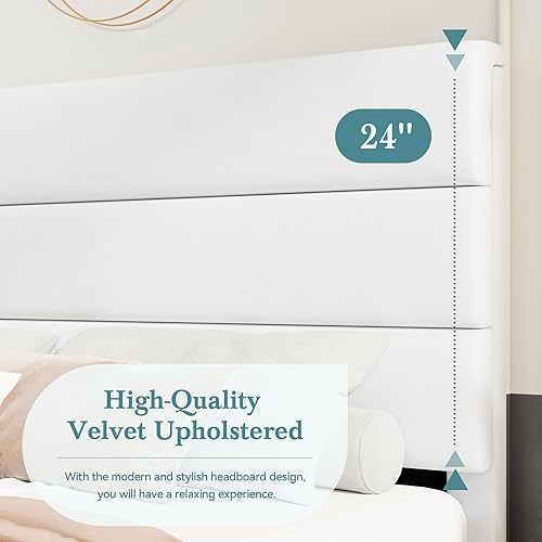 Miniatura 44 de HOOMIC Base de cama de tamaño matrimonial con cabecero, plataforma tapizada de tela con soporte de listones de madera fuerte, base de colchón, no