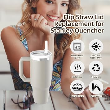 Replacement Flip Straw Lid Compatible with Stanley Quencher 30 oz Tumbler, Leakproof Cup Cover Accessories with Built-in Straw, BPA-Free Plastic Lid for Outdoor Sports, 2 Pack, White