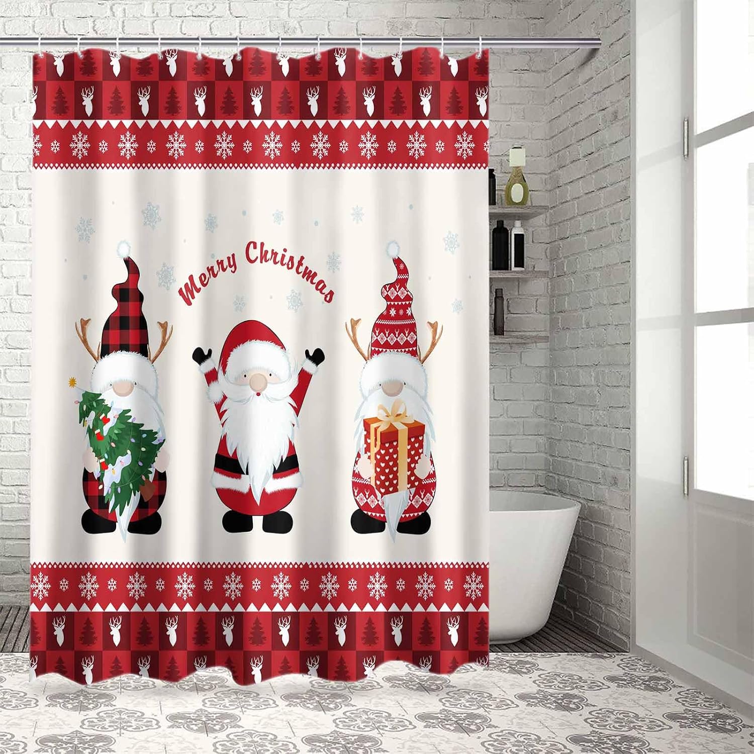 Christmas Waterproof Shower Curtains Set - Extra Long 72 x 78 Inch, Xmas Gnomes Gifts Merry Christmas Polyester Fabric Bathroom Curtain with 12 Hooks, Bathroom Accessories, 1 Panel