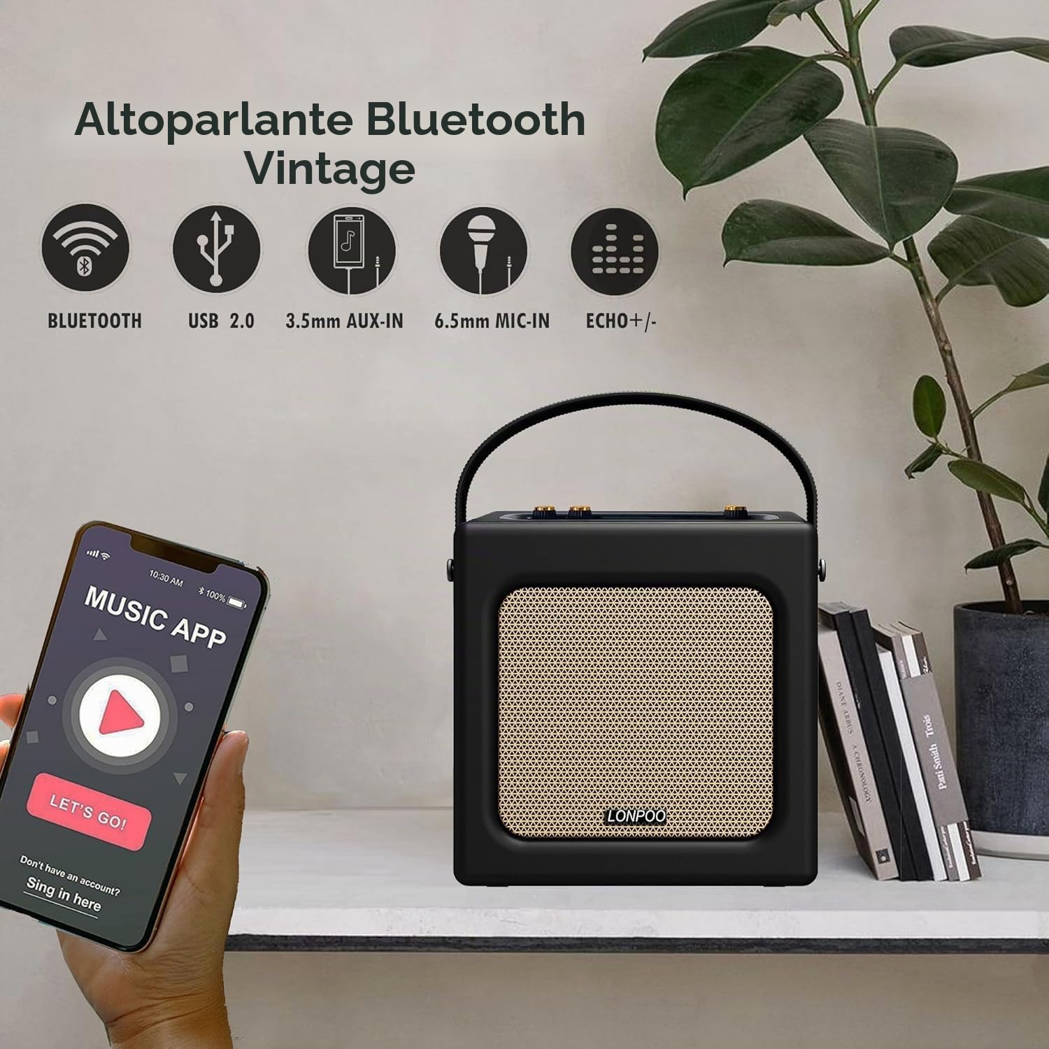 LONPOO Stereo Altoparlante Bluetooth retrò effetto pelle con batteria, altoparlante portatile da 20 W con riproduzione USB, Aux-IN, connettore microfono da 6,5 mm, ricarica di tipo C, nero