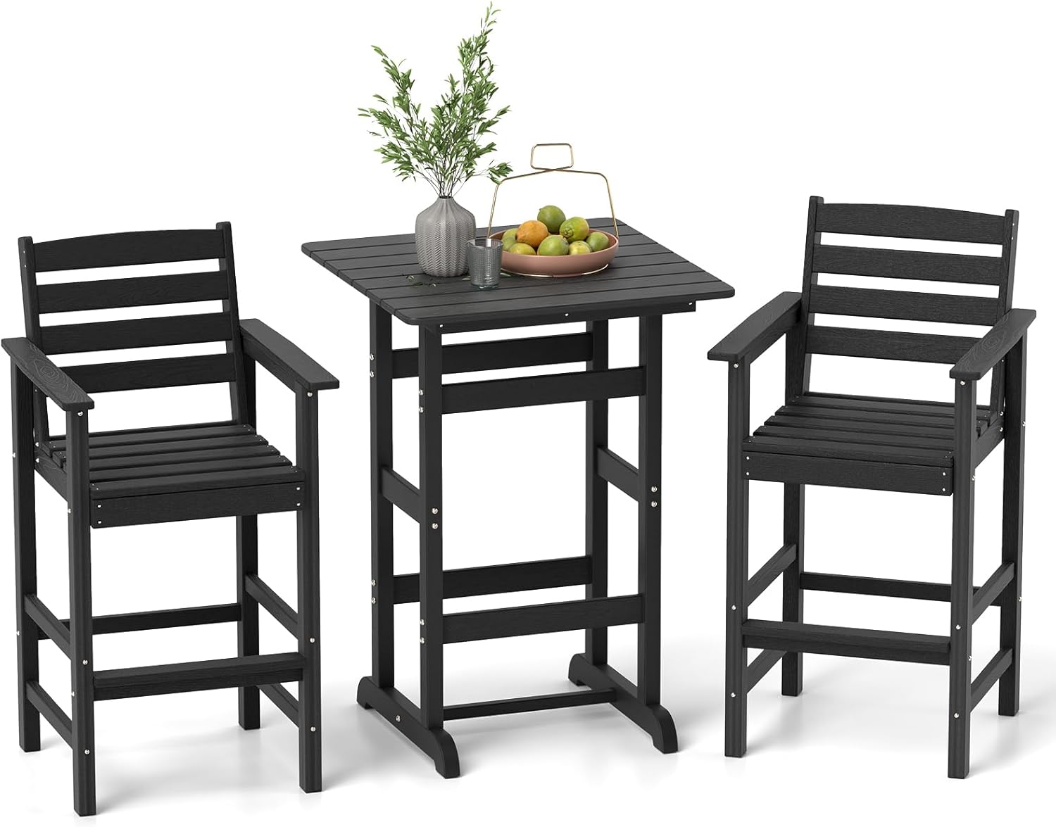 Tangkula 3-Piece Patio HDPE Bar Set, 2 Bar Height Adirondack Armchairs w/Square High-Top Table, Weatherproof Bistro Furniture Set w/Footrest & Backrest for Backyard, Poolside, Porch (Black)