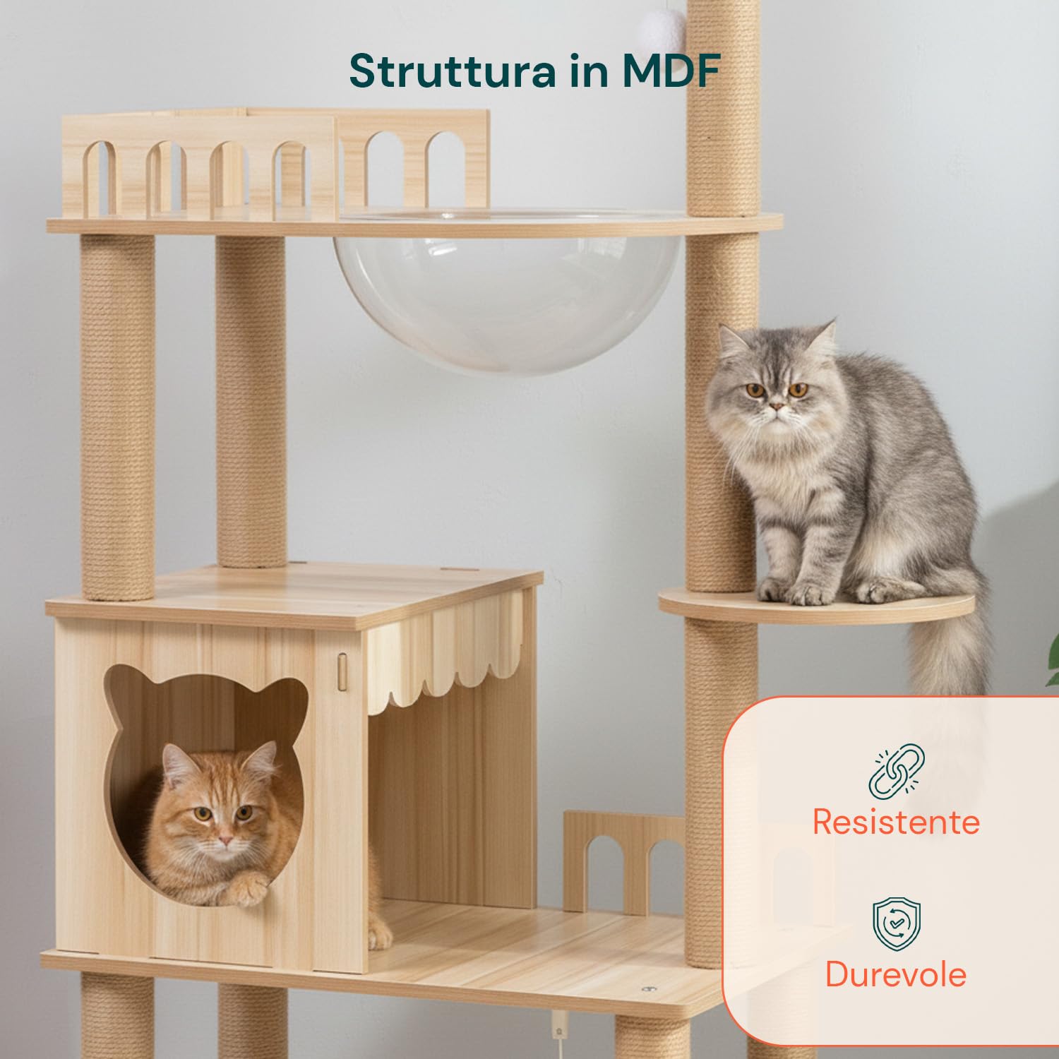 Avilia - Tiragraffi per Gatti Multilivello con Cuccia, Piattaforme in MDF e Colonne in Sisal, H135 cm, con Amaca Trasparente e Pallina Pendente, per Gioco, Relax e Osservazione
