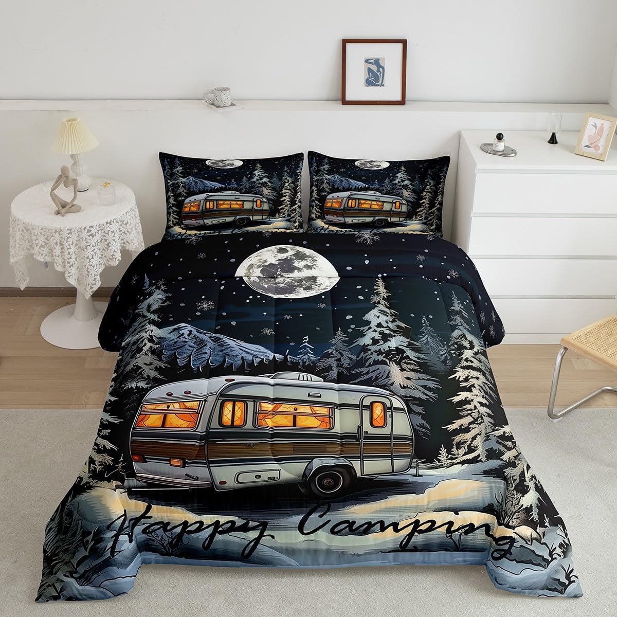Manfei Happy Camping Twin Size Comforter Set for All Seasons,Camper Trailer Tourism Adventure Bedding Set for Bedroom,Starry Moon Night Glitter Jungle Pine Trees Comforter Inner Fill with 1 Pillow