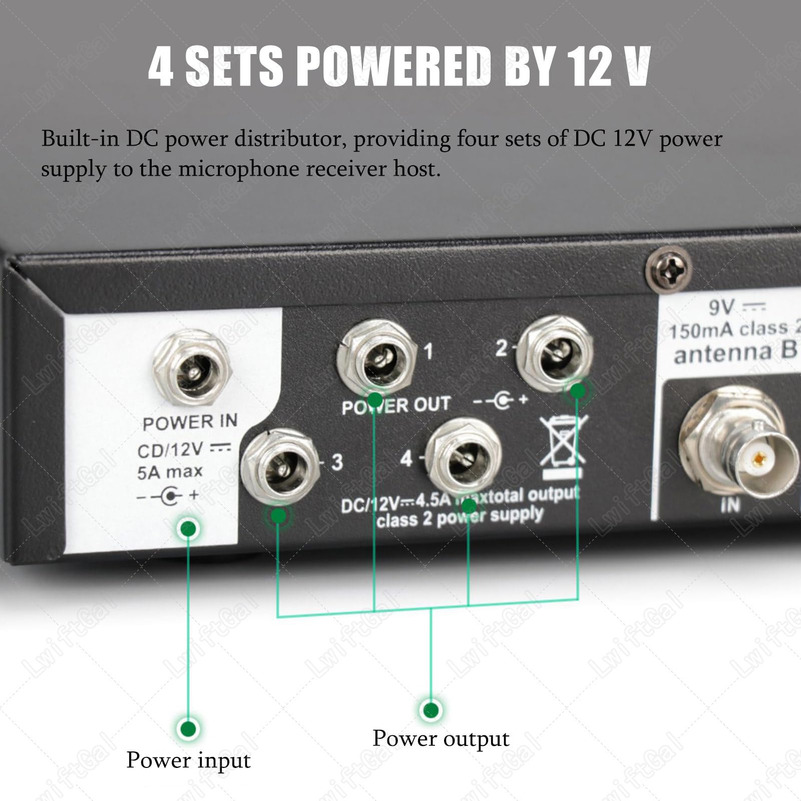 Amplificatore di segnale per microfono wireless, distribuzione antenna UHF, 16 porte di ingresso/uscita, gamma di frequenza 400-950 MHz, include 2 alette per antenna direzionale attiva