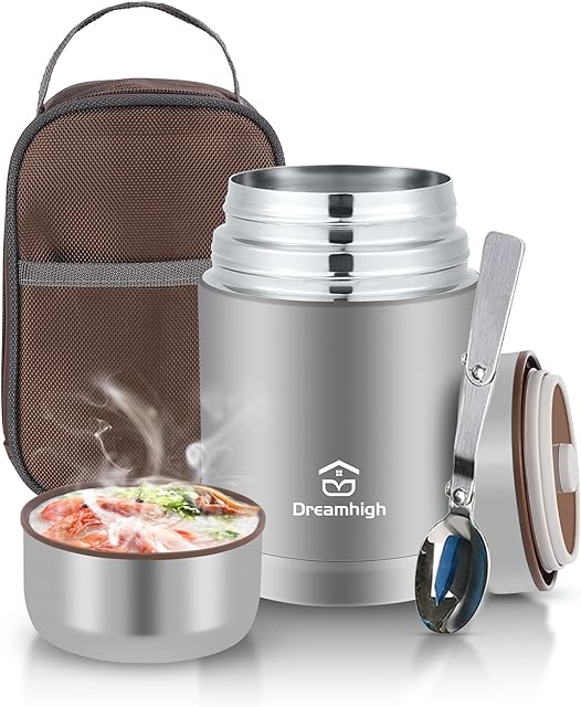 Dreamhigh® Thermos Food Flask, 800ml, Soup Flask with Spoon, Stainless Steel Vacuum Insulated Food Container, Leak-Proof, with Carrying Bag, Keep Hot/ Cold for 12 Hours (Gray)