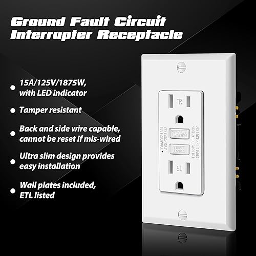 Miniatura 2 de ELECTECK Paquete de 3 salidas GFCI de 15 amperios, resistentes a manipulaciones (TR), receptáculos GFI ultra delgados con indicador LED, interruptor