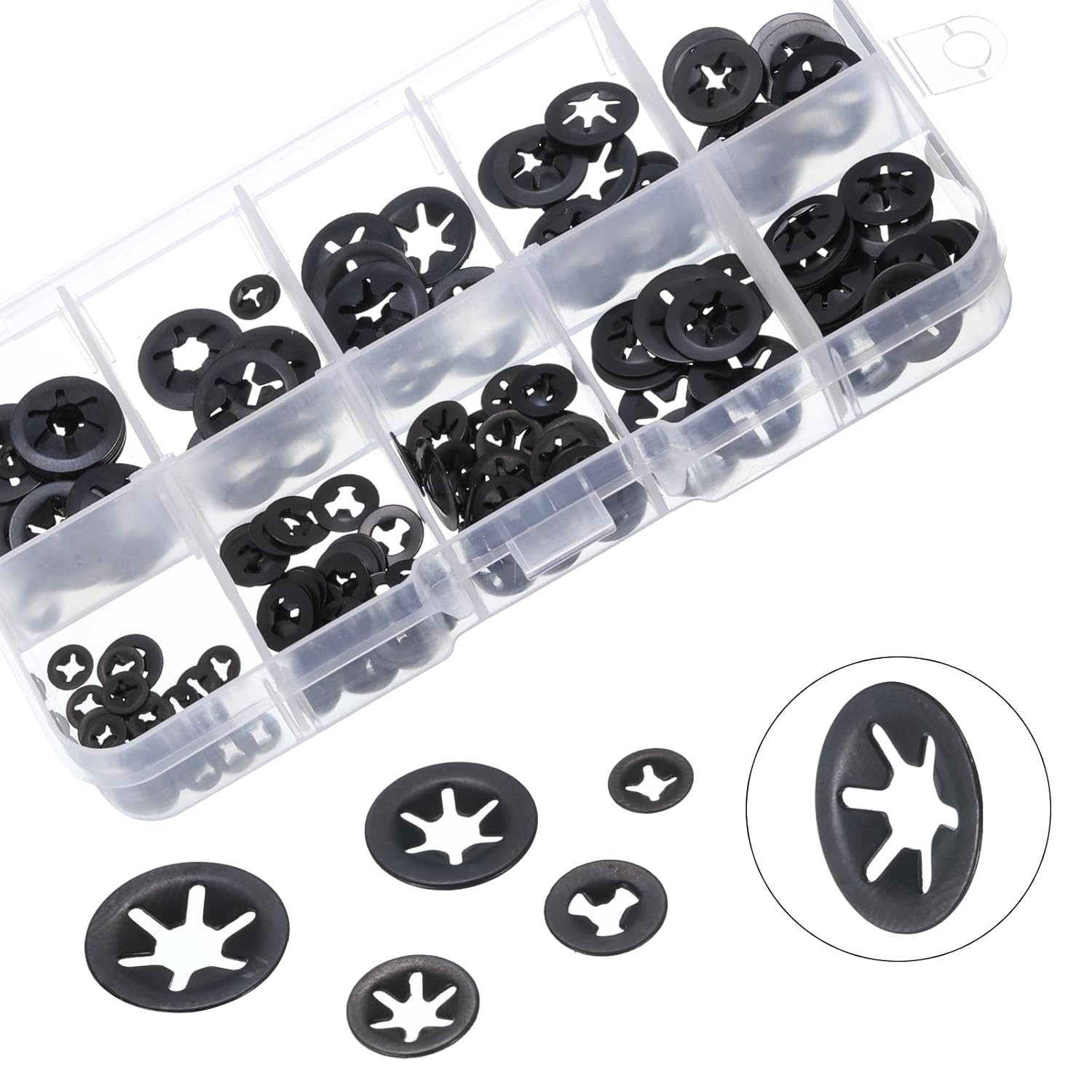 sourcing map 200 Pcs Internal Tooth Washers Set, 5 Sizes M2/M2.5/M3/M4/M5 Quick Star Locking Washers, 65Mn Steel Push on Speed Clips Fasteners