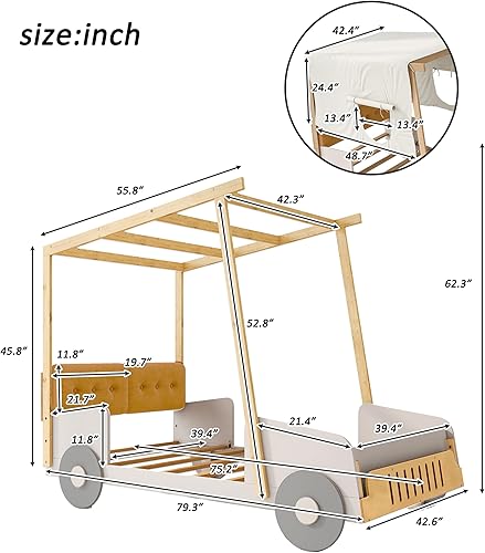 Miniatura 47 de Cama de plataforma clásica en forma de automóvil con ruedas, cama de automóvil de tamaño matrimonial con soporte de listones de madera, marco de