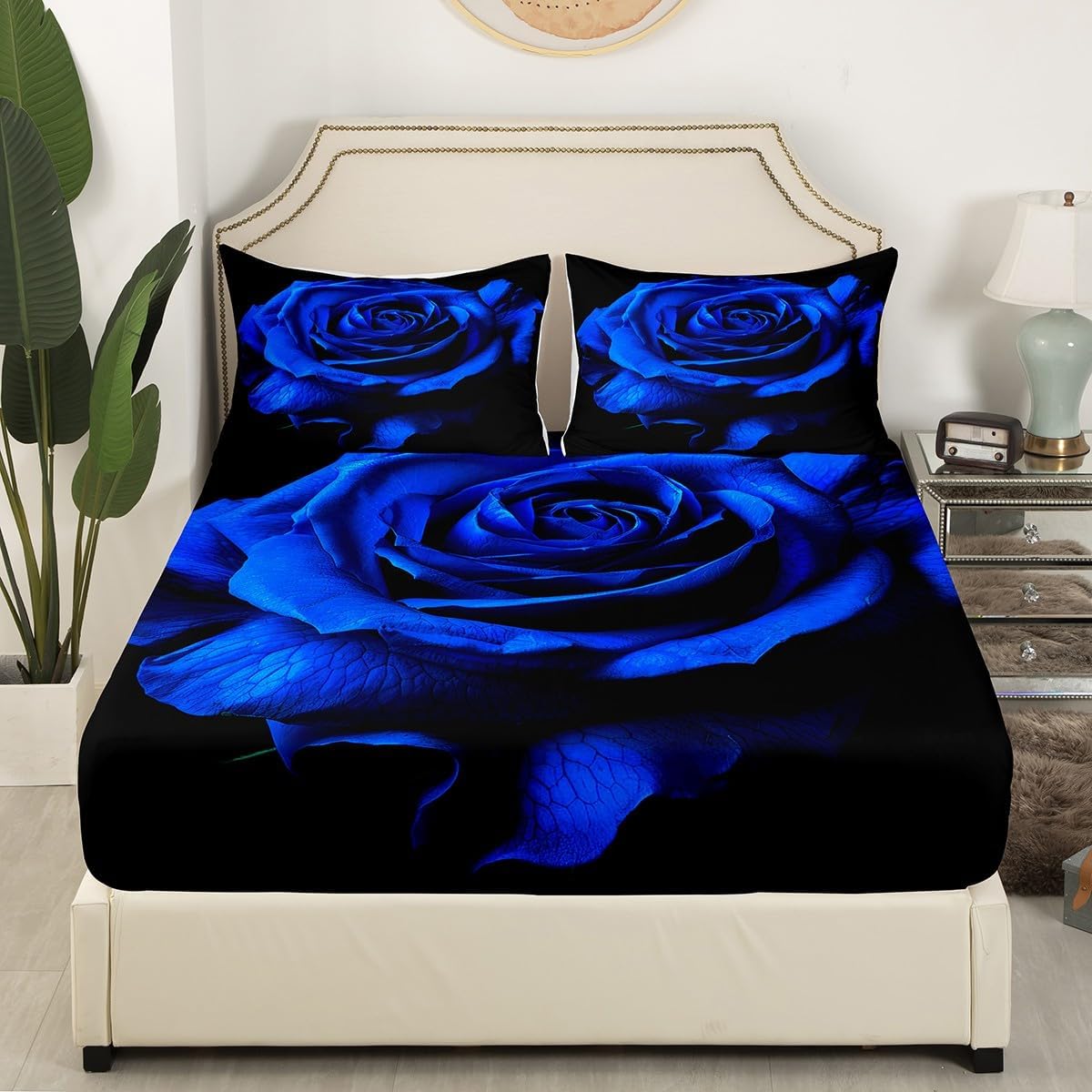 Valentine's Day Bedding Sheets 3D Printed Blue Rose Floral Bed Sheet Set for Kids Boys Girls Blossom Rose Flowers Bedding Fitted Sheet Luxury Decor Bed Cover with 1 Pillowcase 2Pcs Bedding Twin