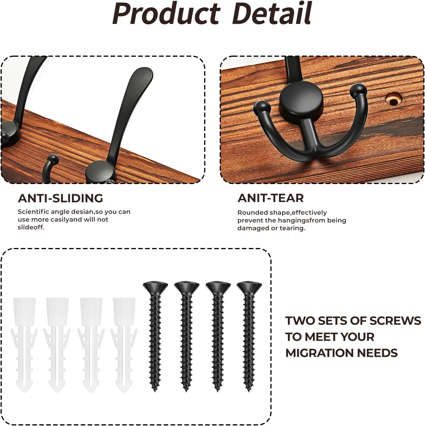 Coat Rack Wall Mounted, Pre-Assembled 16" Coat Hooks with 5 Hooks, Heavy Duty Rustic Farmhouse Wood Plank Hooks for Hanging Hat, Clothes, Keys, Jacket, Purse - Door, Entryway, Mudroom