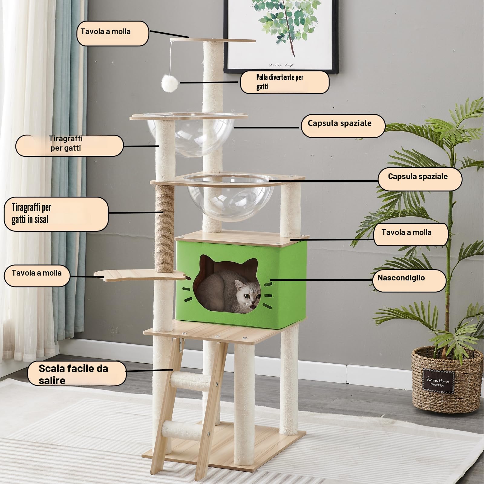 Tiragraffi per gatti,Con Cuccia gatto,2 Capsula spaziale trasparente,Gioco per Palla,Trespolo per Piattaforma,Scala per,Tiragraffi per gatti adulti(145CM)