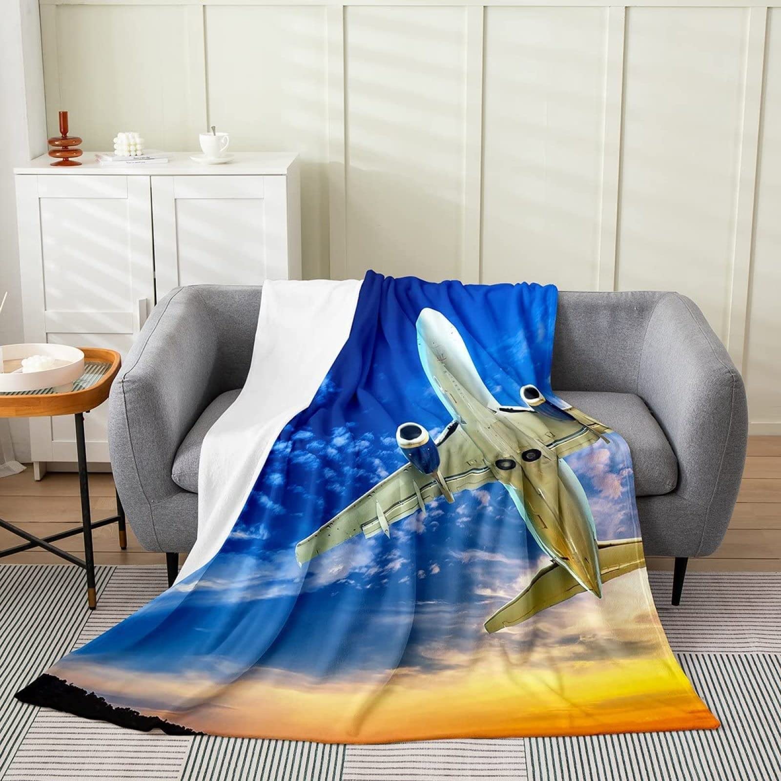 Kuscheldecke Flanell 100x130 Cm – Mit Flugzeug-Autobahn Design In Marineblau Für Kinder & Wohnzimmer