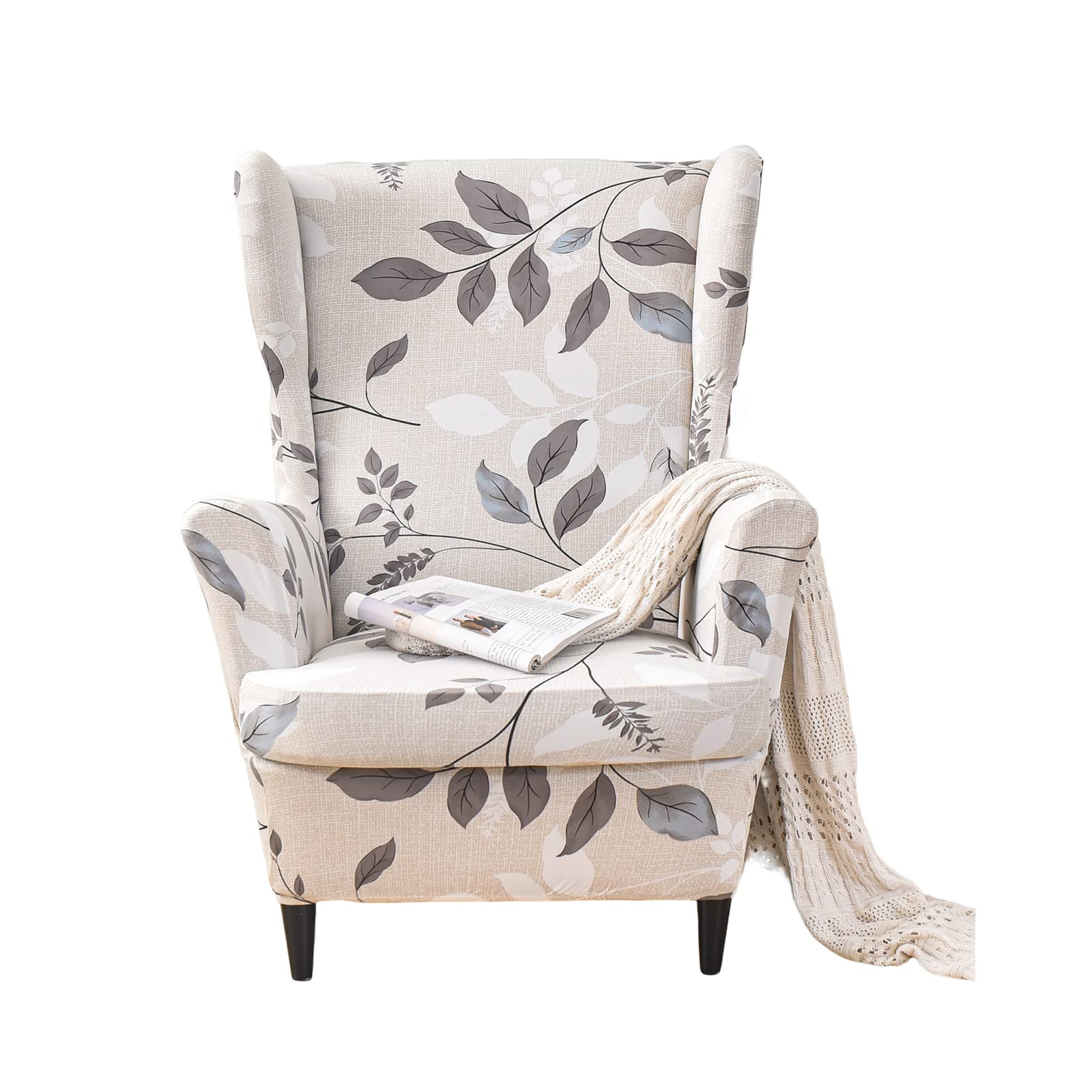 FUANGUI 2 Pieces Stretch Wingback Chair Cover Printed Wing Chair Slipcovers with Cushion Cover Spandex Fabric Armchair Sofa Cover Furniture Protector for Living Room Bedroom, 06