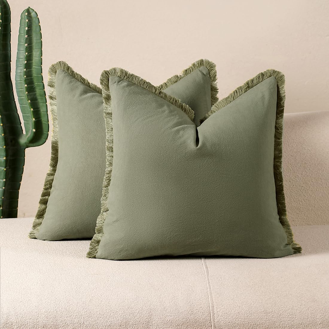 Tennove Cushion Covers 45x45cm Set of 2 Decorative Boho Throw Pillow Case with Fringe Tassels Washed Cotton Linen Soft Farmhouse Pillow Cover for Home Sofa Bed Room,Sage Green