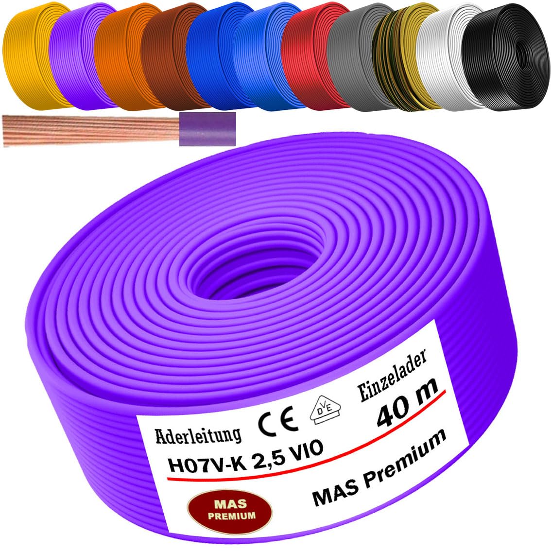 MAS Premium Aderleitung H07 V-K 1x2,5 mm² HBL GRGE RT DBL BR OR GR WS VIO oder GE Einzelader flexibel Von 5 bis 100m (Violett, 40m)