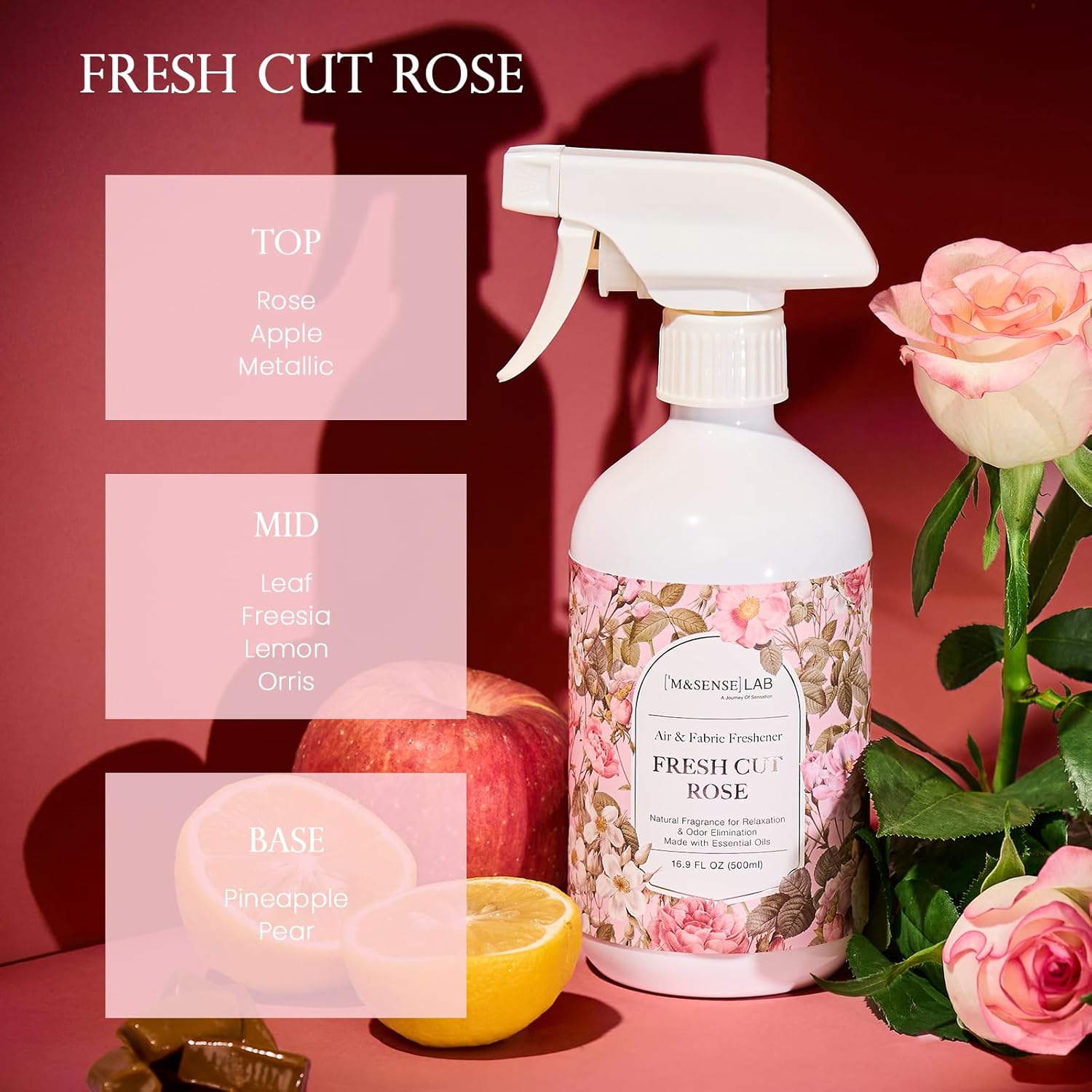 M&SENSE Fresh Cut Rose Scent Value Bundle - Reed Diffuser Oil Refill 16.9oz 500ml with 10 Reed Sticks & Odor Eliminator Spray Natural Essential Oil Home Spa Office Dining Room Living Space Freshener
