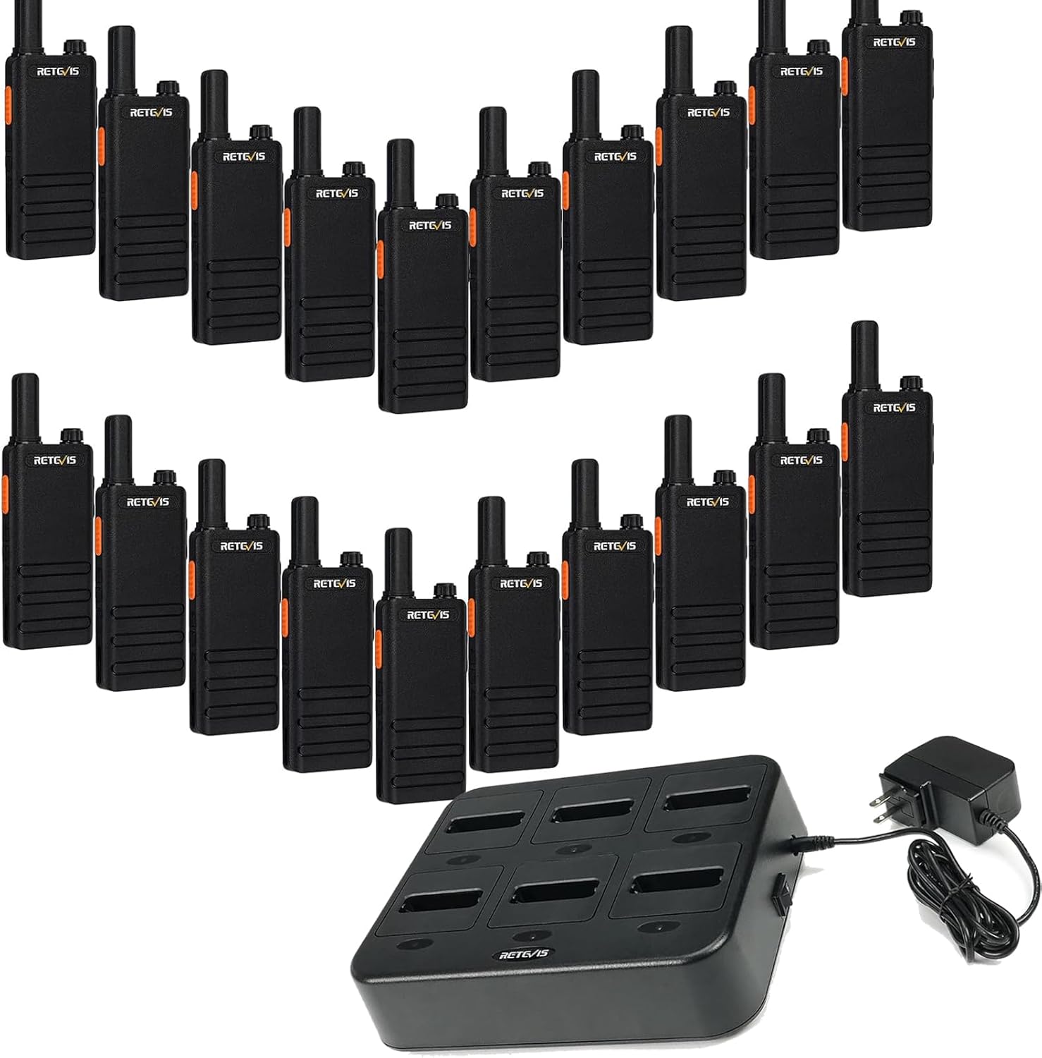 Retevis RT22P Walkie Talkie(20 Pack) Bundle with Six-Way Charger(1 Pack),New Version of RT22(2.0),Compact Ultra-Thin FRS Two-Way Radios, USB-C Charger,1620mAh Battery Life,Walkie Talkies Rechargeable