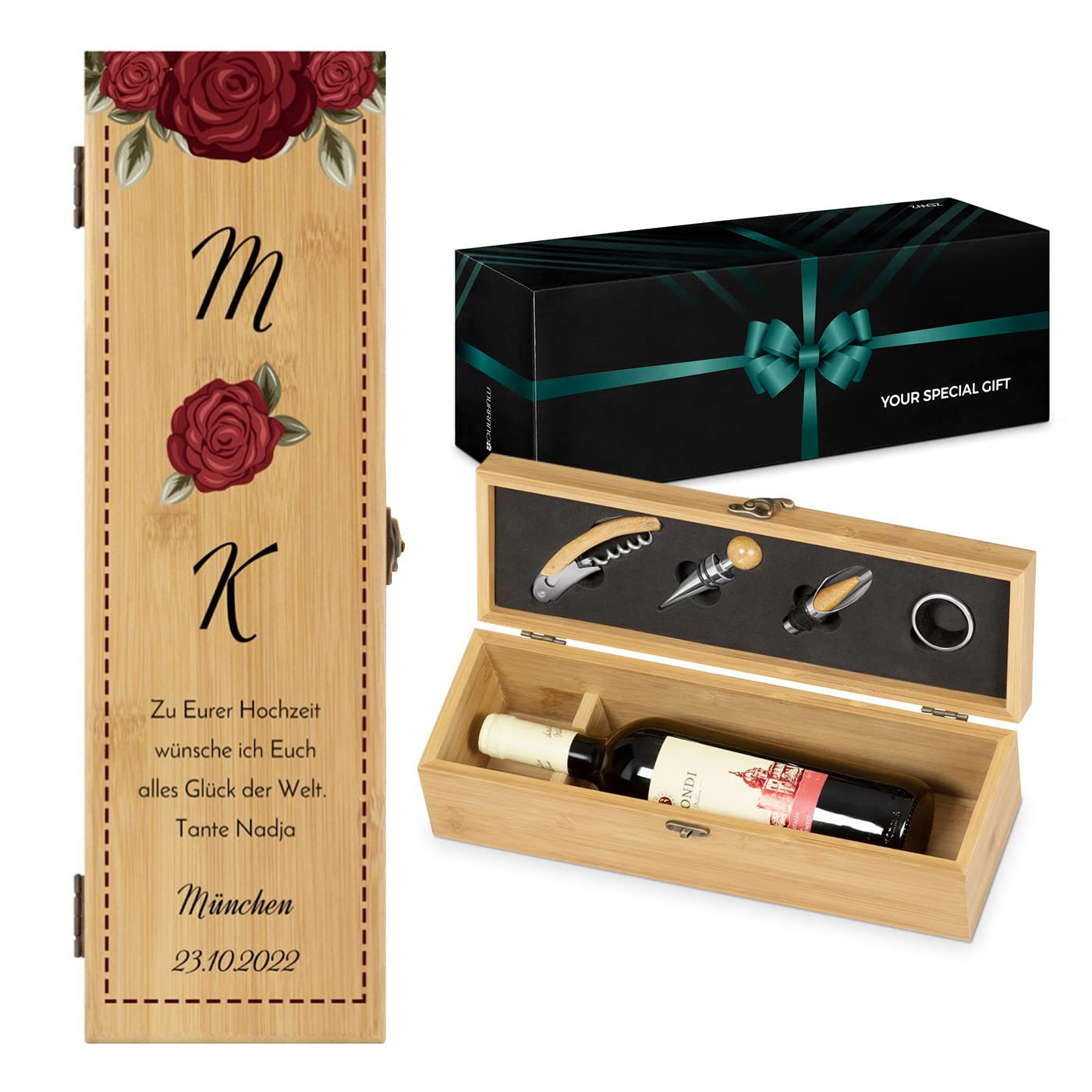 Maverton Weinbox für 0,7L Weinflasche - Wein Holzbox personalisiert + 4er Weinzubehör - Weinset Weinkiste - aus Bambus - Braun - Geschenk zum Hochzeitstag Paare - Brautpaar