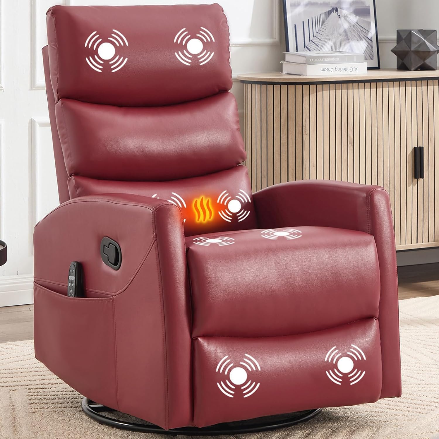 360° Swivel Rocker Recliner Chair with Massage & Heat, High Back Overstuffed Recliner Glider, Upholstered Nursery Rocking Sofa Chair for Living Room Bedroom (Faux Leather Red)